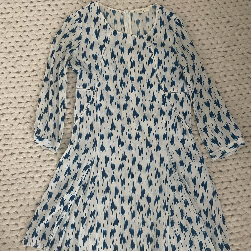 ba&sh Blue and White A-Line Dress with Cuffed Long Sleeves